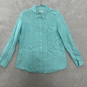 Foxcroft Linen Button Up Shirt Turquoise Preppy Coastal Beach Women’s Size 14
